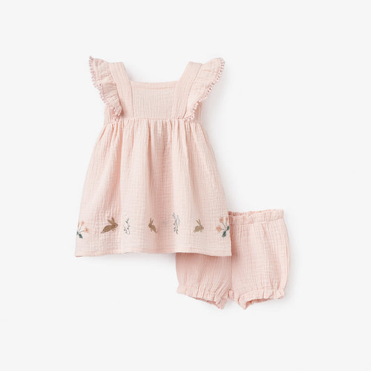 Blush Pink Garden Picnic Embroidered Organic Muslin Dress w/ Bloomer