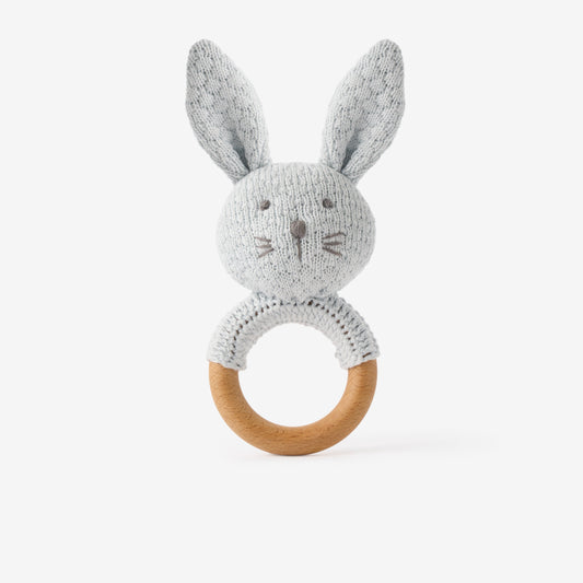 Pale Blue Knit Cotton Bunny Ring Rattle