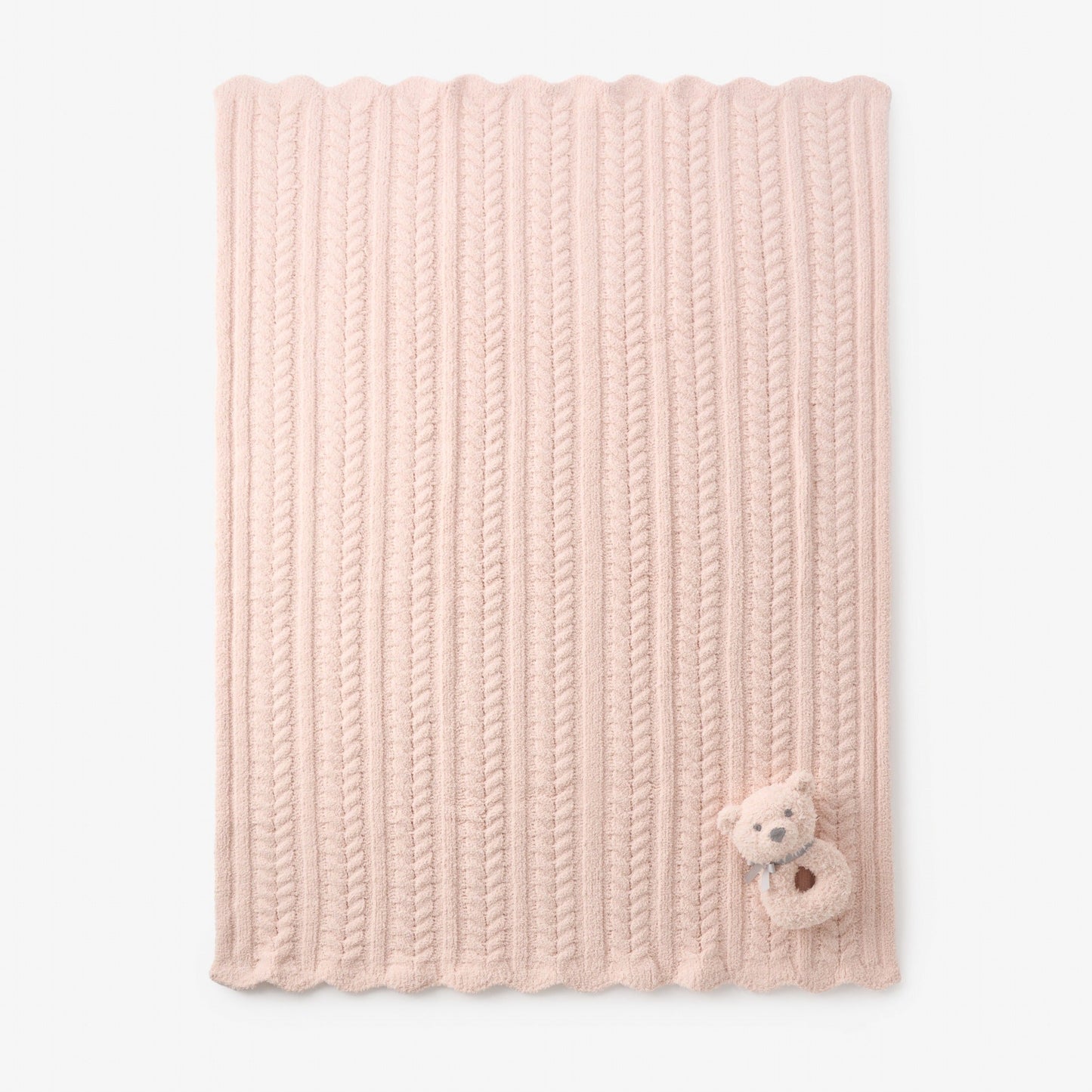 Pale Pink Cable Feather Knit Baby Blanket + Rattle Gift Set