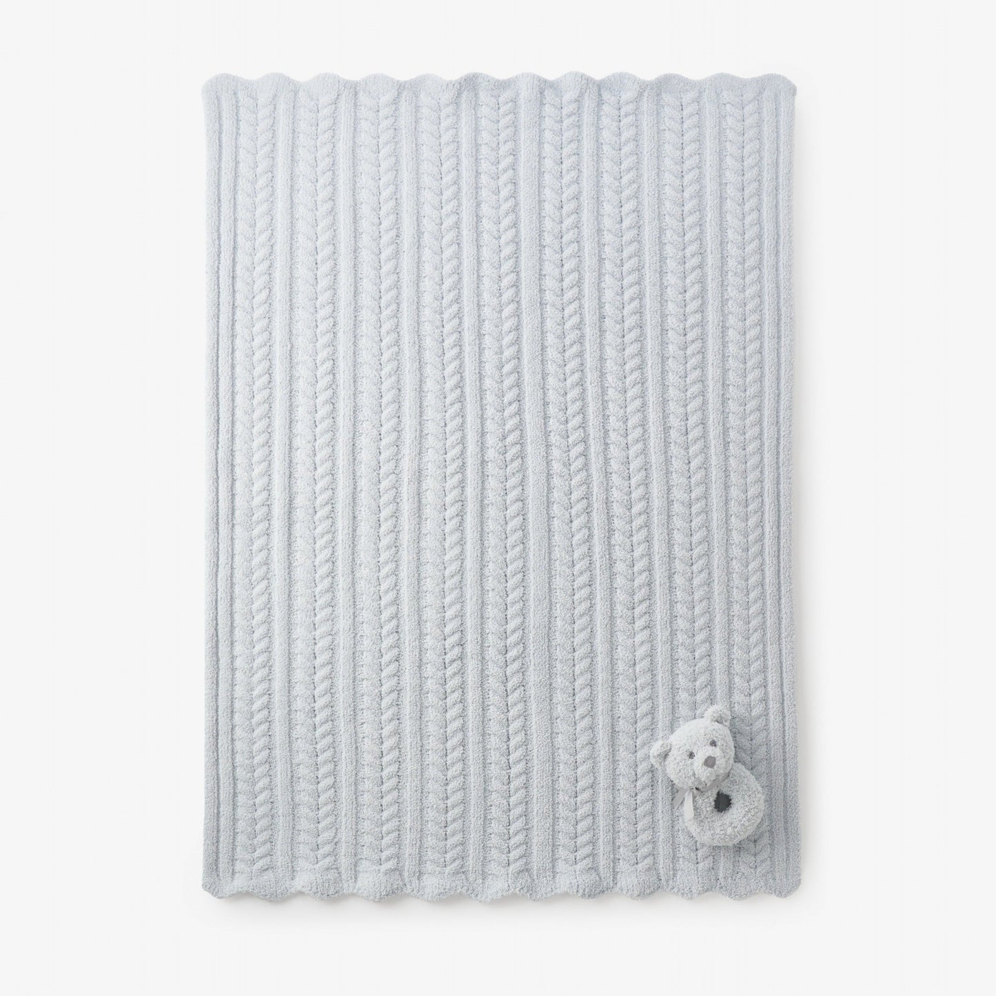 Pale Blue Cable Feather Knit Baby Blanket + Rattle Gift Set