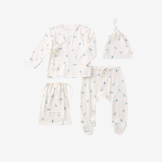 Blue Safari Print Organic Cotton Pointelle Layette 3 Pc Gift Set