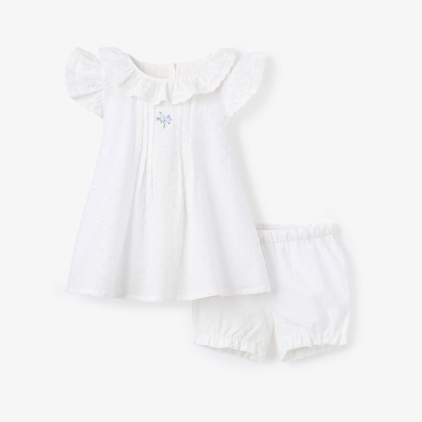 Swiss Dot Pintucked Dress w/ Rose Embroidery