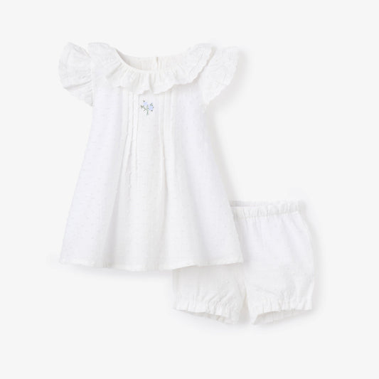 Swiss Dot Pintucked Dress w/ Rose Embroidery