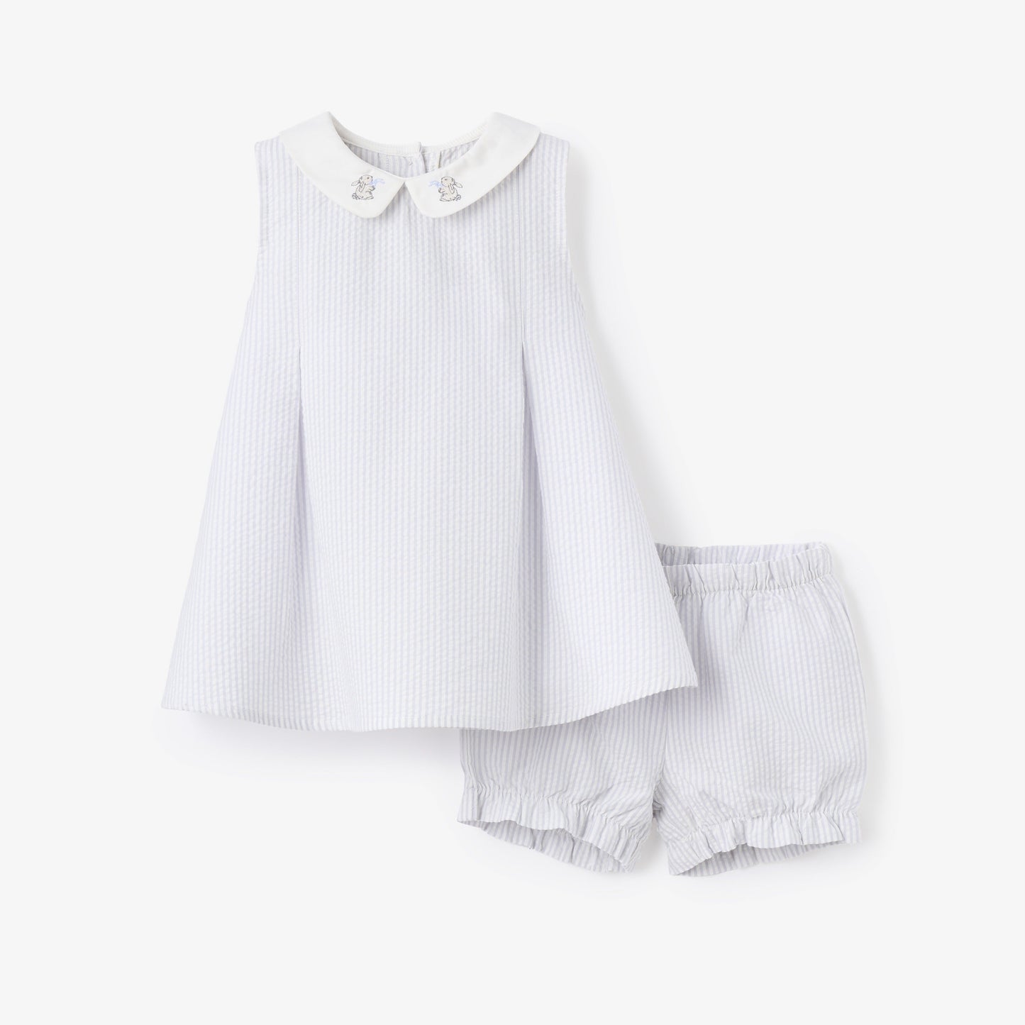 Blue Seersucker Embroidered Bunny Dress