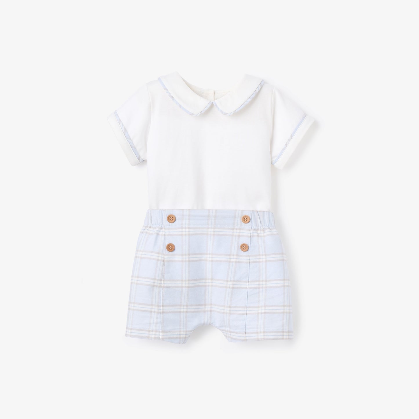 Blue Gray Plaid Trimmed Collar Bodysuit & Short Set