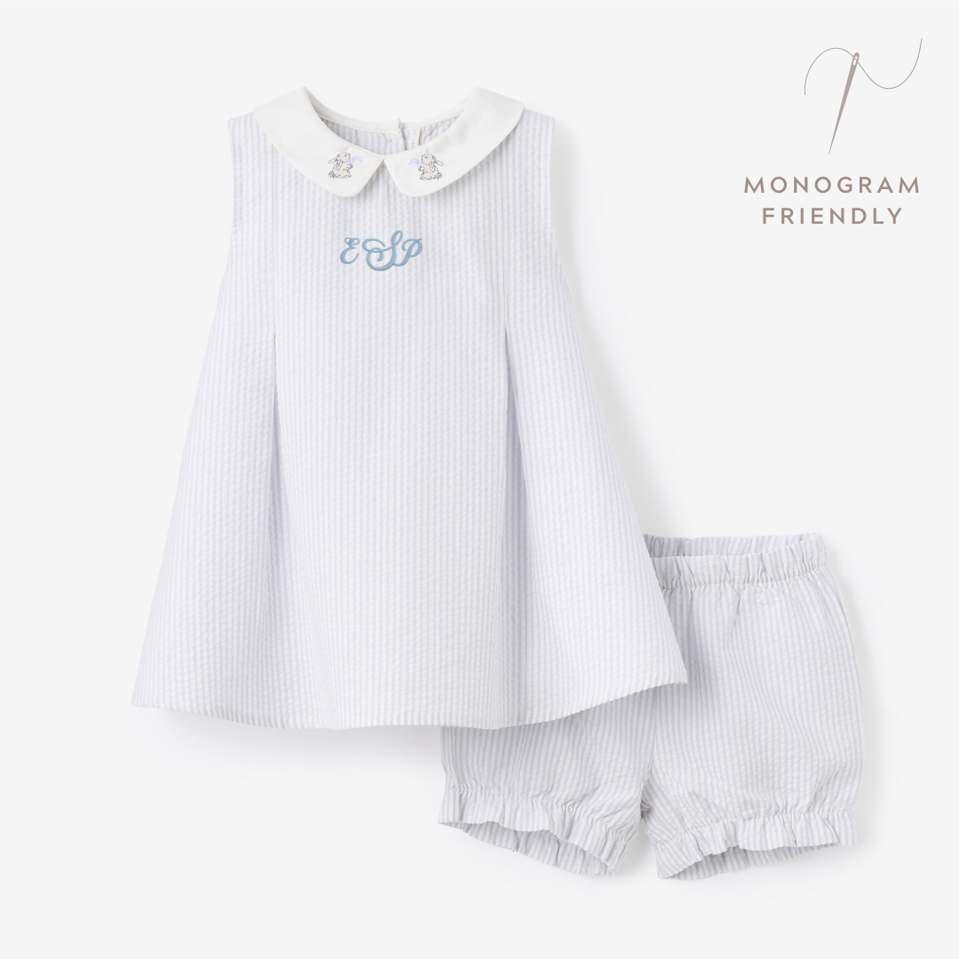 Blue Seersucker Embroidered Bunny Dress