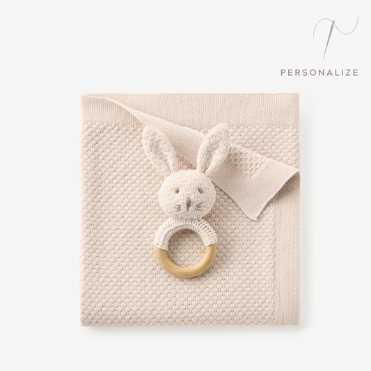 Taupe Textured Knit Blanket + Bunny Ring Rattle Gift Set