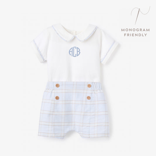 Blue Gray Plaid Trimmed Collar Bodysuit & Short Set
