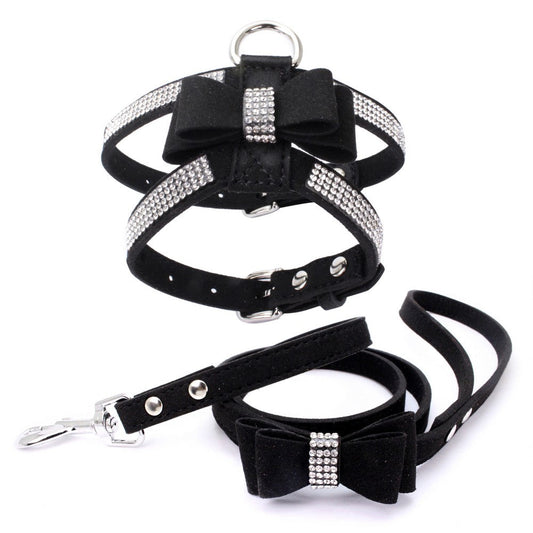 Pet Dog Harness Leash Set with Rhinestone Bow: Suede Bow Leather Leash for Stylish Walks